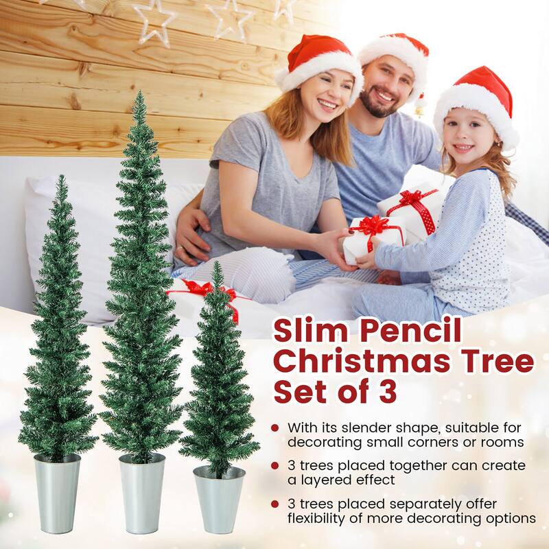 Gymax Potted Artificial Christmas Tree Set of 3 with 3/4/5 FT Faux