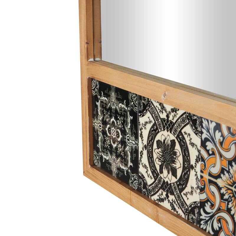 Brown Wood Floral Room Wall Mirror with Patterned Mosaic Tile Edge