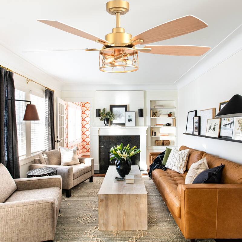 Bella Depot 52" Modern Gold Ceiling Fan with Light and Remote 6-Speed Large Caged Ceiling Fan