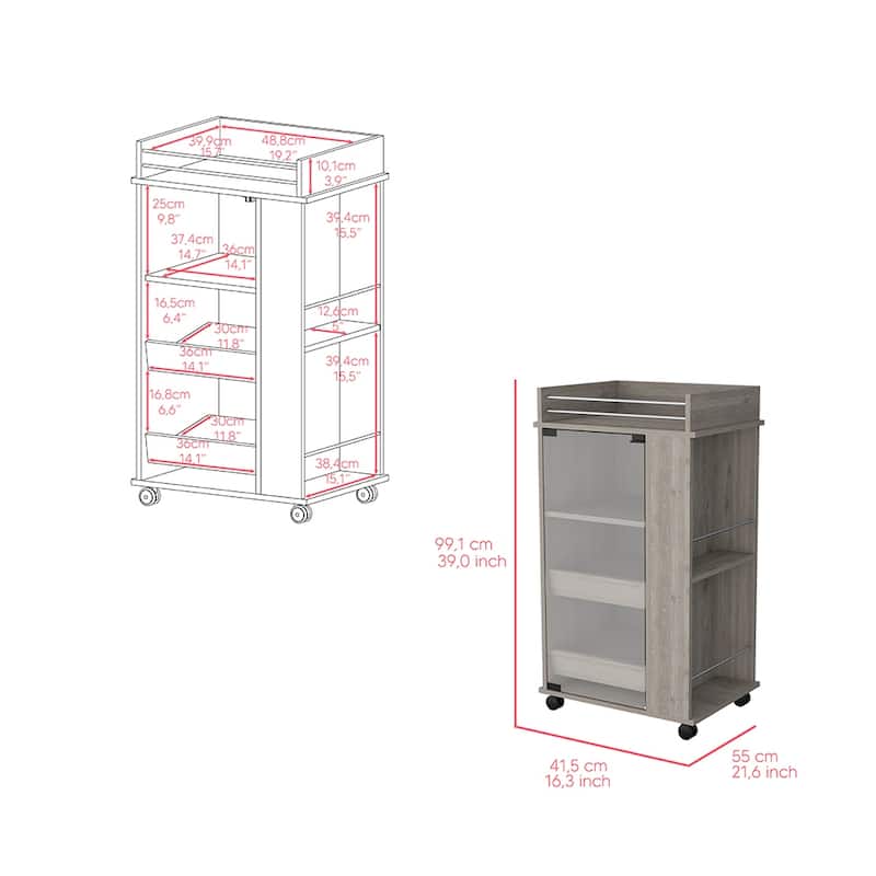 Bar Cart with Two-Side Shelves Beaver, Glass Door and Upper Surface