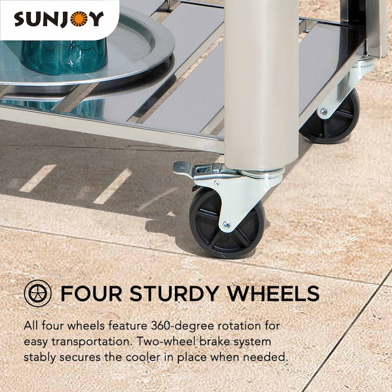 80 QT Patio Cooler Cart ,Stainless Steel Rolling Ice Chest with Steel Bottle Opener, Shelf and Lockable Wheels Sunjoy