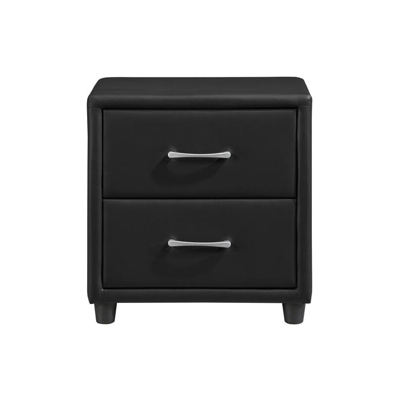 Modern Black Faux Leather Nightstand with Silver Bar Pulls