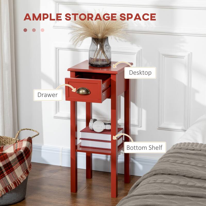 2-Tier Side Table with Drawer, Narrow End Table with Bottom Shelf, for Living Room or Bedroom, Red