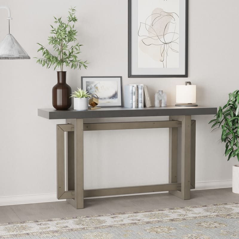 Modern Console Table Sofa Table with Concrete Top, 59'' Long Accent Entryway Table - Grey