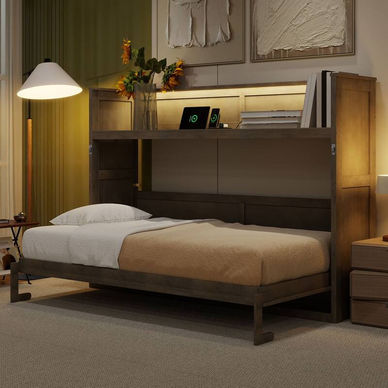 Twin XL Size Murphy Bed with Desk and LED Light by Harper&Bright Designs