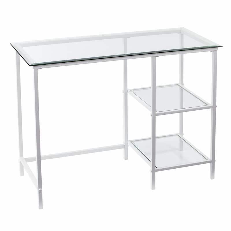 Clear Glass White Metal Rectangular Writing Desk with Shelves - Clear-White