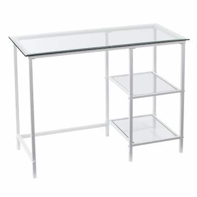 Clear Glass White Metal Rectangular Writing Desk with Shelves
