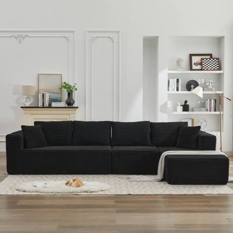Modular Sectional Sofa with L-Shape Chaise, Oversized Corduroy Upholstered Cloud Sofa, Deep Seat Sofa with 2 Throw Pillows