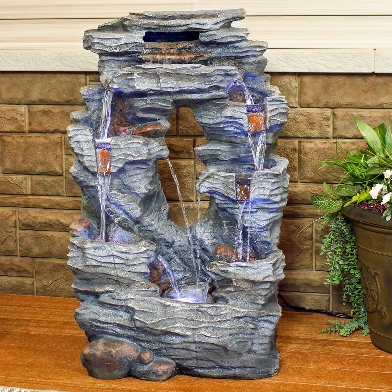 Dual Cascading Rock Falls Water Fountain with LED Lights - 39-Inch