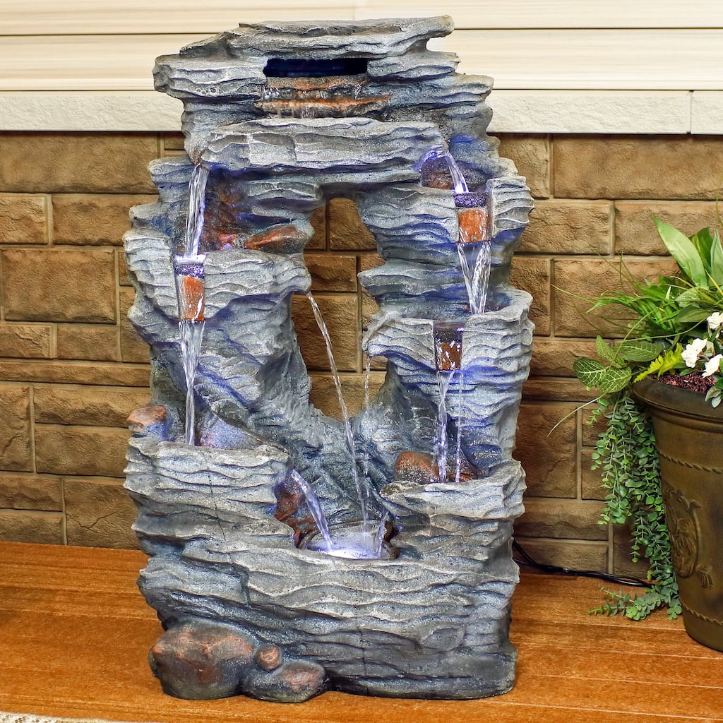 Dual Cascading Rock Falls Water Fountain with LED Lights - 39-Inch