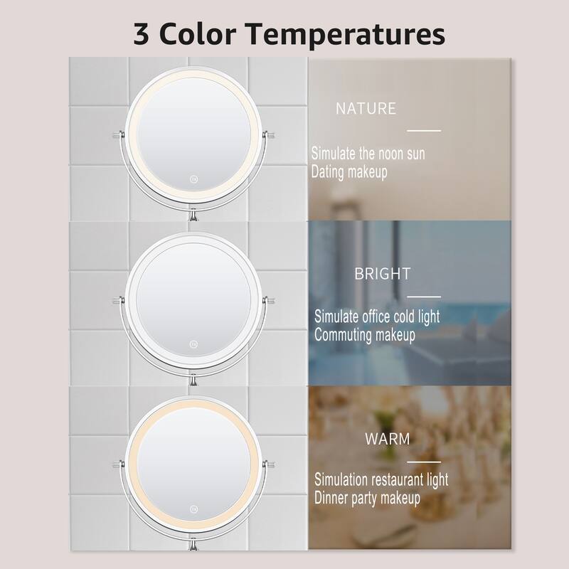 Yulika Rechargeable Lighted Wall Mounted Makeup Mirror with 3 Color Lights Double Sided 1X/10X or 1X/7X
