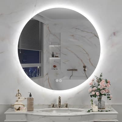 Apmir LED Backlit Round Bathroom Vanity Mirror, Wall Mounted Dimmable Anti-fog 3 Colors Touch
