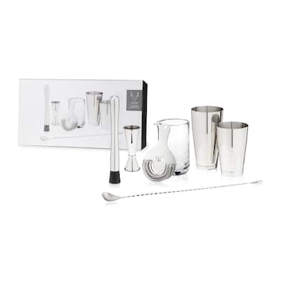 Viski 7 Piece Barware Set Includes Crystal Mixing Glass, Strainer, Bar Spoon, 2 Boston Shaker Tins, Muddler, and Jigger