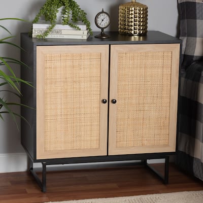 Declan Mid-Century Modern Espresso Brown Finished Wood and Natural Rattan 2-Door Storage Cabinet