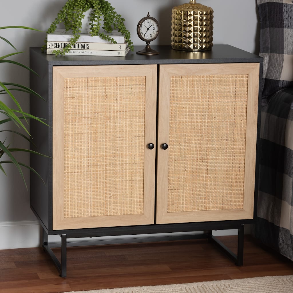 Declan Mid-Century Modern Espresso Brown Finished Wood and Natural Rattan 2-Door Storage Cabinet