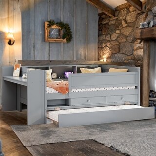 Twin Bunk Bed with Shelves and Drawer, White