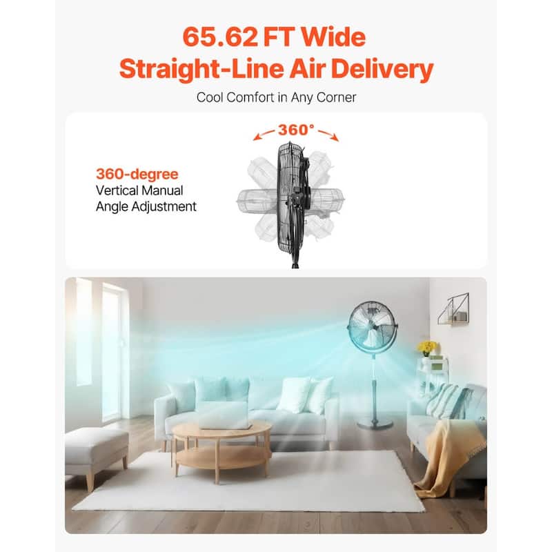 Black 65.62 ft Pedestal Fan with 3-Speed Adjustable Motor Air Delivery for Home and Office - 22.05” x 16.73” x 57.87”
