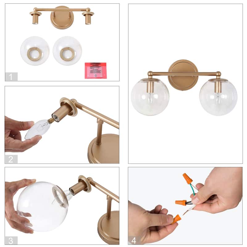 Mid-Century Modern Gold 2-Light Bathroom Vanity Lights Globe Glass Orb Wall Sconces - L 15"x W 8"x H 8"