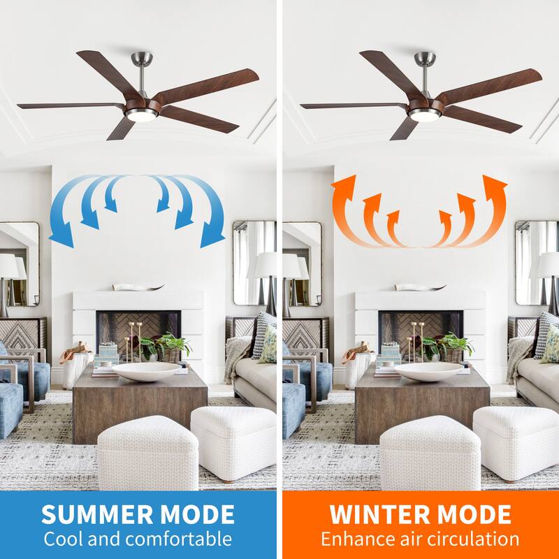 65" Brushed Nickel Modern 5-Blade LED Ceiling Fan with Light and Remote