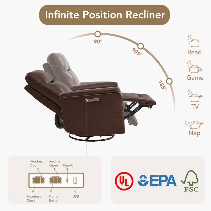 Spruce & Spring Genuine Leather Swivel Glider Recliner with Adjustable Headrest