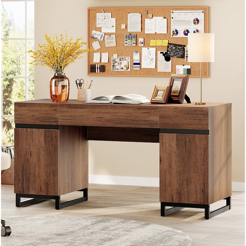 WAMPAT 59" Executive Desk with Charging Station & Storage Cabinet + 72" Tall Bookcase with 6 Drawers.