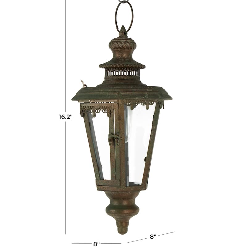Metal Floral Lighthouse Style Decorative Candle Lantern with Ring Handle - Brown - Roche River Decor - 8"W x 8"L x 16"H