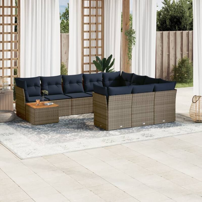 vidaXL Patio Sofa Set with Cushions Outdoor Furniture 11 Piece Poly Rattan - 24.4x 24.4x 27.2 - Grey-form 4