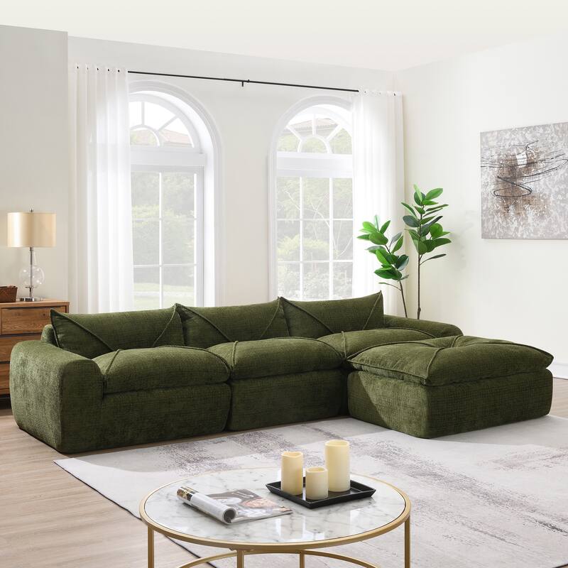 L-Shape Sectional Sofa with Ottoman, Chenille Sofa with Integrated Backrest & Seat Cushion, Fully Compressed Foam 4 Seat Sofa
