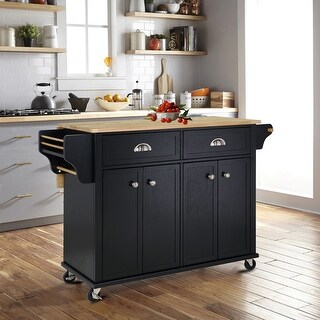 Black Modern Natural Wood Top Kitchen Island with Storage - Bed Bath ...