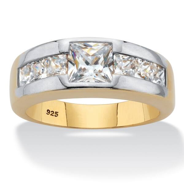 slide 1 of 3, Men's Gold over Silver Princess Cut Cubic Zirconia Ring (2 1/6 cttw)