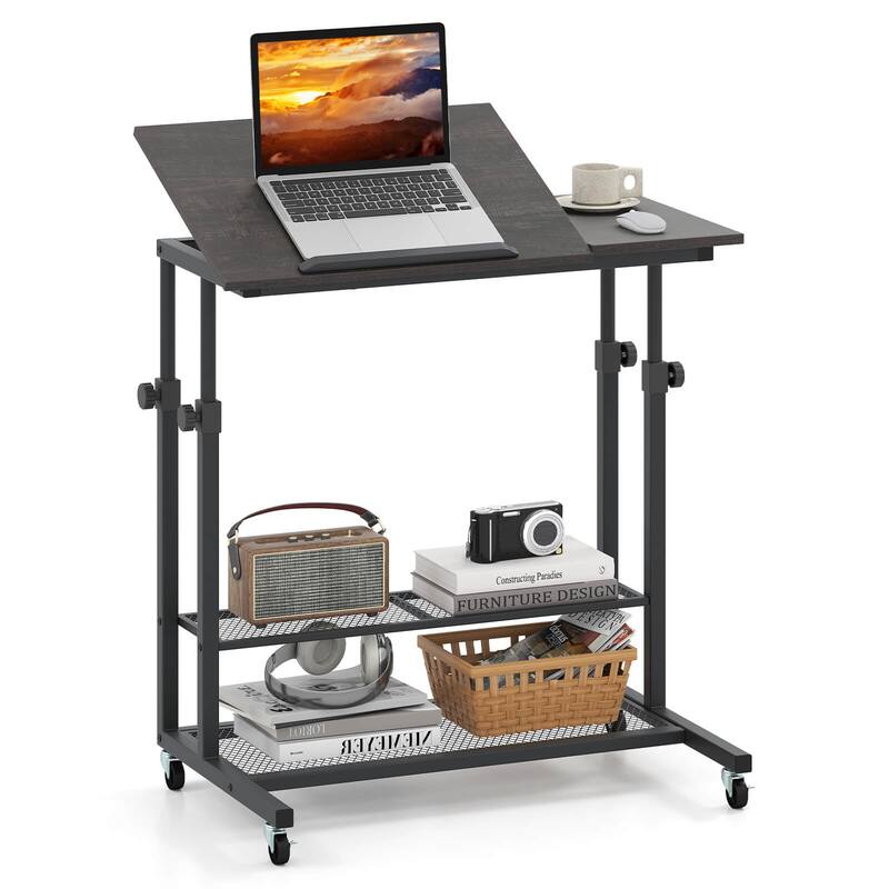 Mobile Standing Desk Adjustable Computer Desk w/Tilting Desktop - Dark Grey + Black
