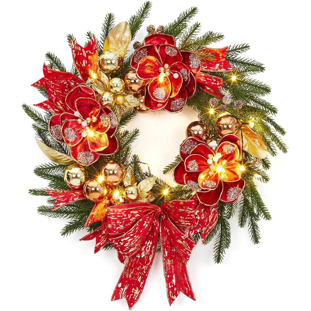 24 Inch Pre-Lit Artificial Pine Christmas Wreath with Warm White LED Lights