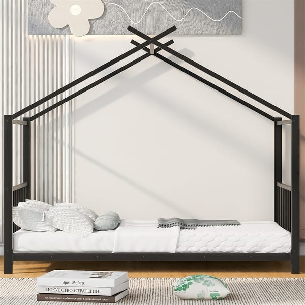 slide 2 of 27, Twin Size Metal House Platform Bed Black