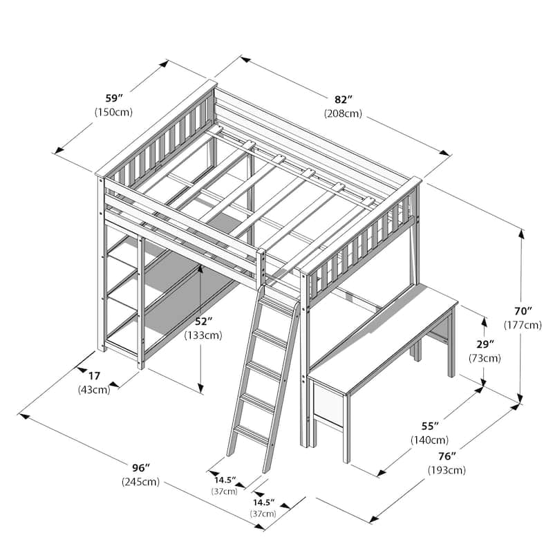 Full-Size High Loft Bed With Bookcase and Desk