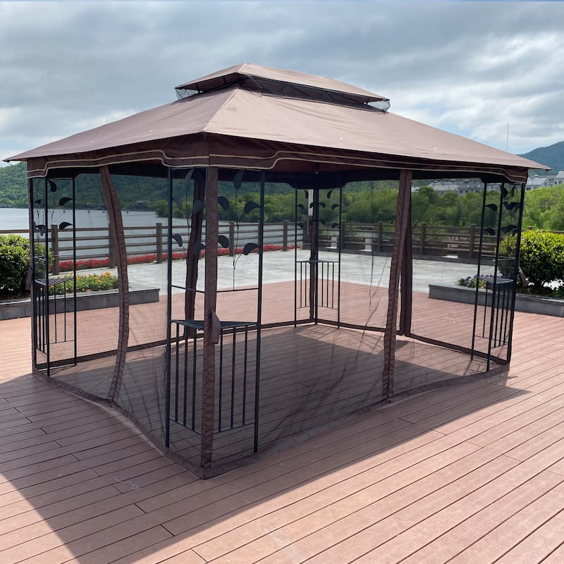 13x10 FT Patio Steel Gazebo, Canopy Tent with Ventilated Double Roof, Mosquito Netting & Privacy Screens for Garden, Backyard