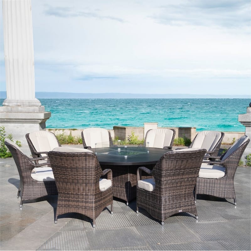 9-Piece Ellington Outdoor Wicker Round Firepit Dining Set - N/A - Brown