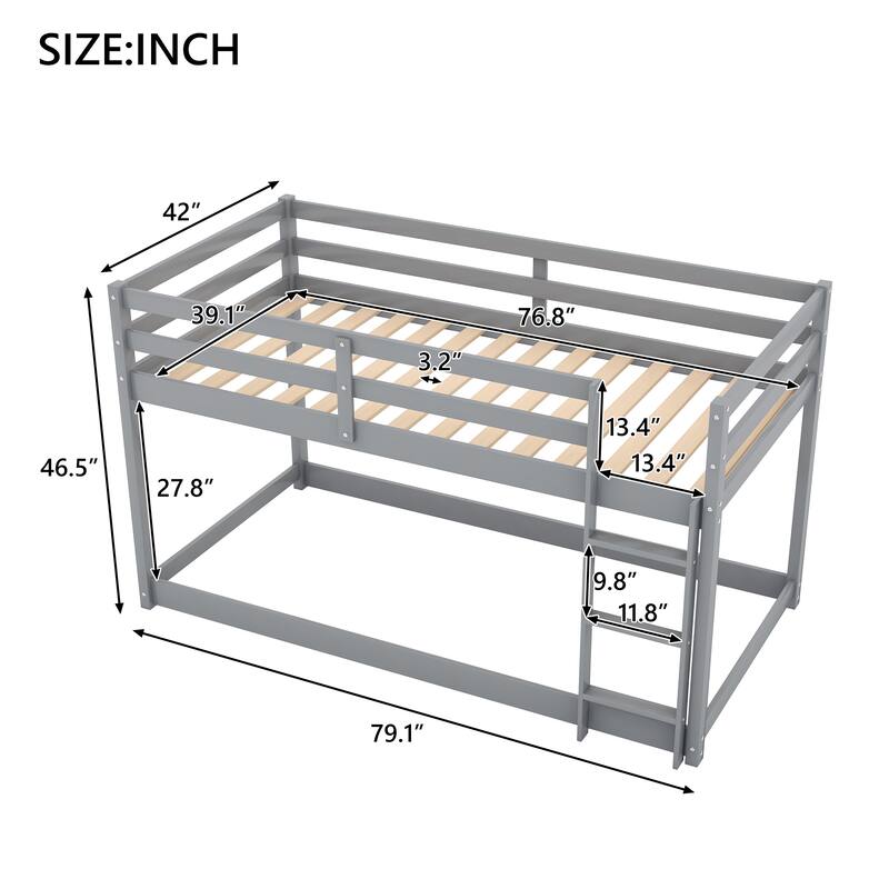 Gray Twin over Twin Solid Wood Floor Low Bunk Bed with Ladder & Guardrails