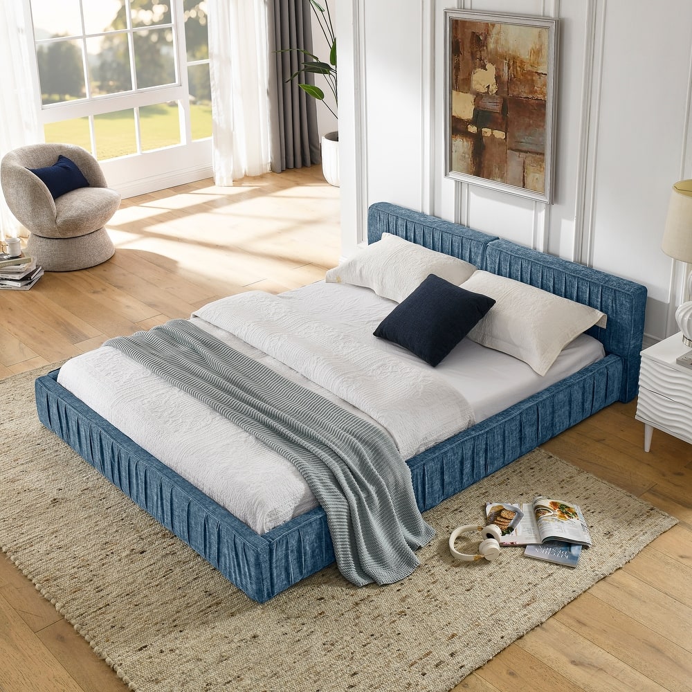 Pleated Design Frame, Queen Size Grounded Bed Frame Chenille Fabric Upholstered Bed Low Profile Platform Bed with Headboard
