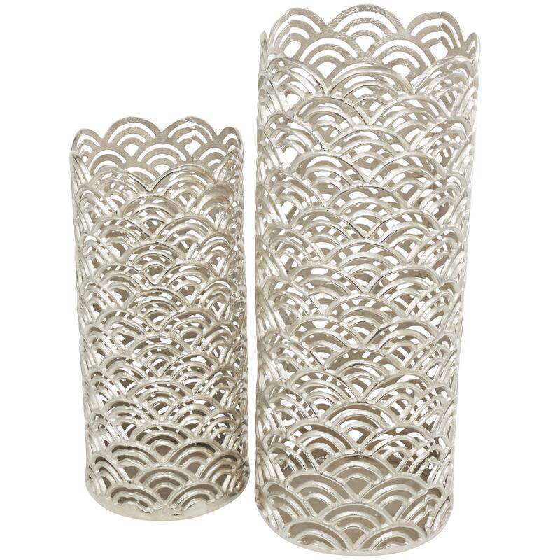Aluminum Metal Geometric Art Deco Inspired Decorative Vase with Arch Designs - Set of 2 Gold or Silver - Roche River Decor - Silver