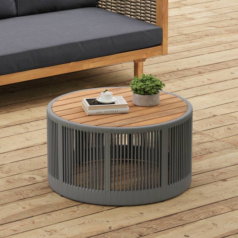 Outdoor Rattan rope & Acacia Wood Coffee Table(Rope Grey, Natural Iron)