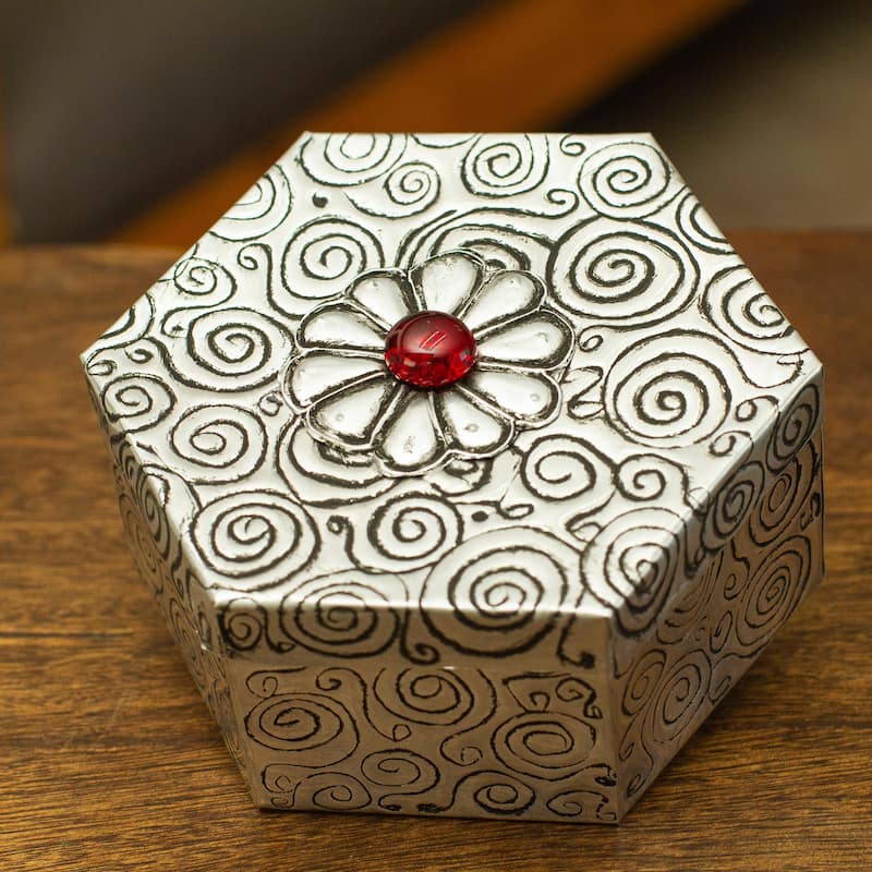 Novica Handmade Hexagon With Flower Decorative Box