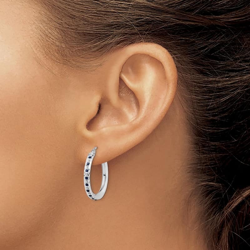 Curata Sterling Silver Diamond and Sapphire Round Hinged Hoop Earrings - 3x25mm