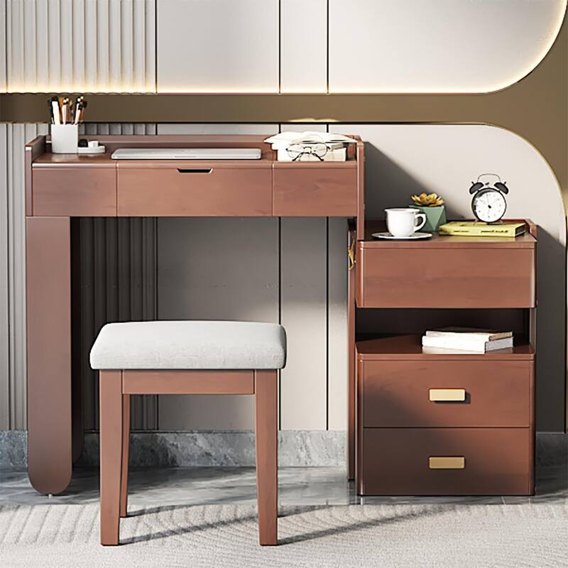 Bedroom Dressing Table and Stool Set of 2, 3-in-1 Makeup Vanity Desk with 3-Color Lighted Mirror & Retractable Side Cabinet