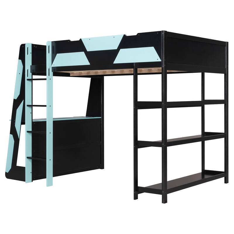 Full Size Gaming Loft Bed Station with Desk, Storage Shelves & RGB LED Lights