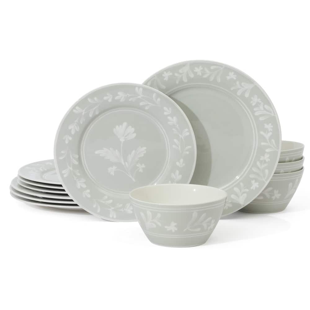 Martha Stewart Maiden Crown 12-Piece Dinnerware Set - Vegan Bone China Ceramic Plates & Bowls - Floral Design - Service for 4