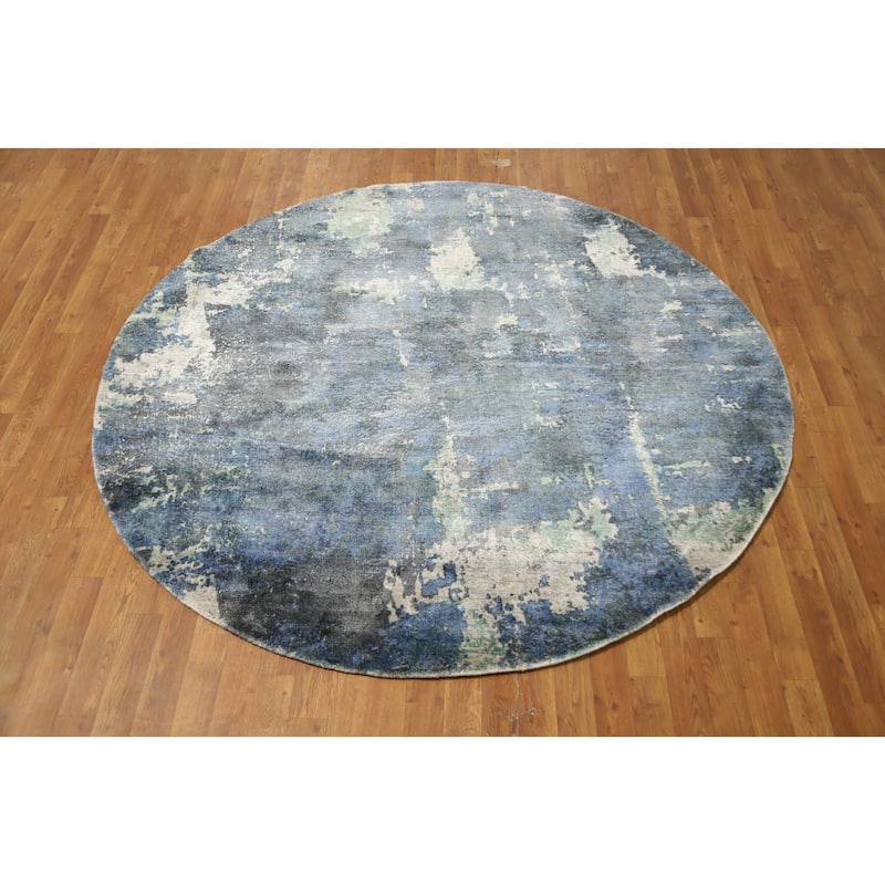 Hand Knotted Oriental Viscose Silk Carpet Modern Abstract Navy Blue & Blues Abstract Area Rug - 6' 8'' X 6' 8''