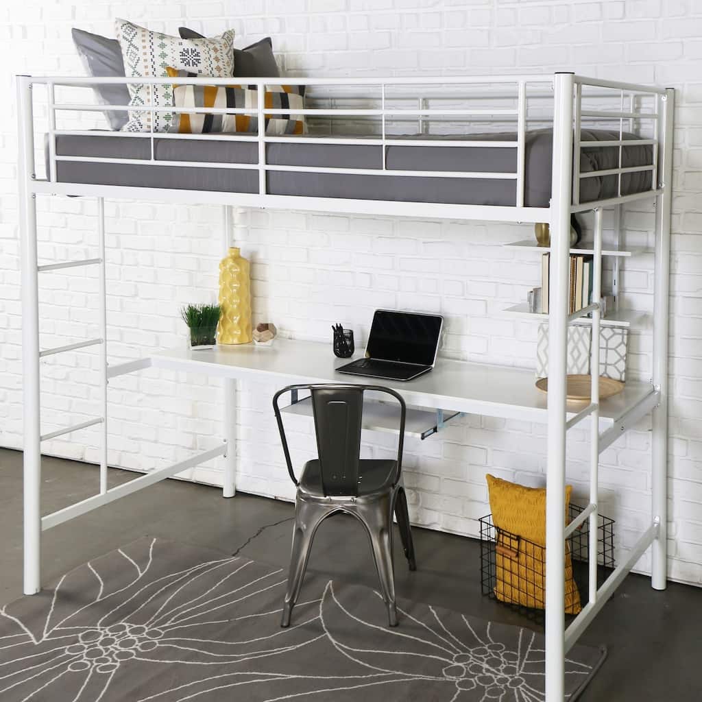 Walker Edison Abner Twin Metal Loft Bed with Desk - White