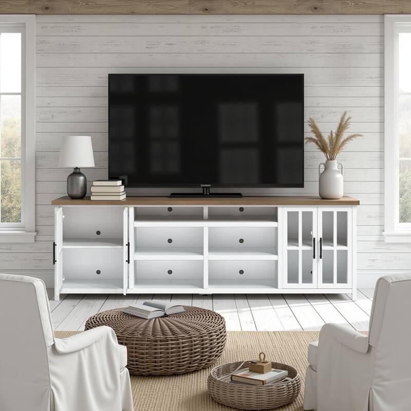 Bridgevine Home Modern Farmhouse 96 inch TV Stand Console for TVs up to 100 inches, No Assembly Requried, Two-Tone Finish - Jasmine Whitewash and Barnwood