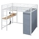 preview thumbnail 4 of 43, Metal Loft Bed Frame with Desk, Shelves, Power Outlet, LED Light and Fabric Wardrobe, Metal Slat Support