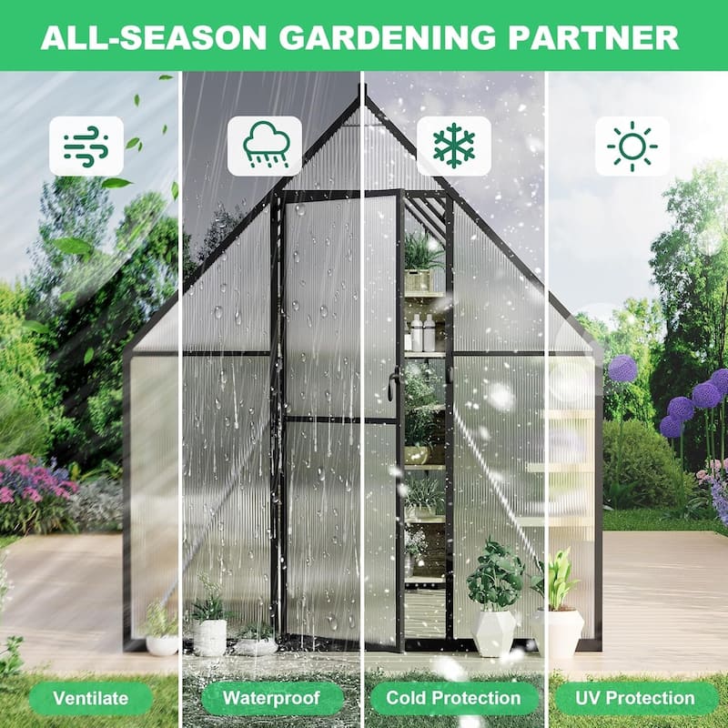 6'x7' Heavy Duty Polycarbonate Greenhouse for Outdoors Gardening, Black